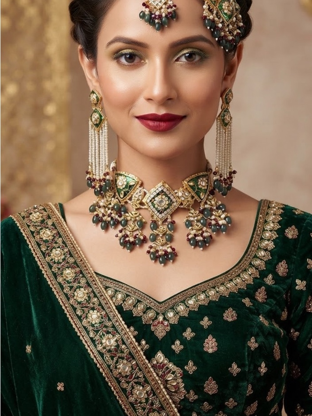 Green and Gold Beaded Kundan Choker Necklace Set - Women Jewelry Bridal set